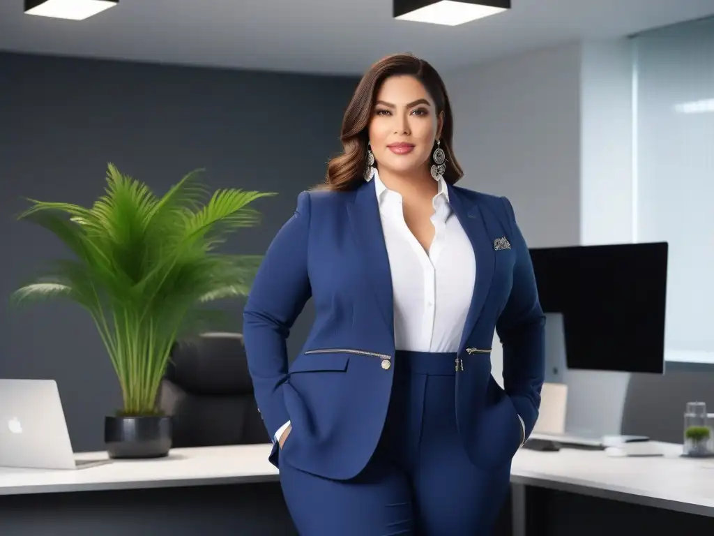 Mujer plus size empoderada en elegante outfit de oficina Una mujer plus size segura y elegante en un outfit de oficina chic, irradiando profesionalismo y empoderamiento