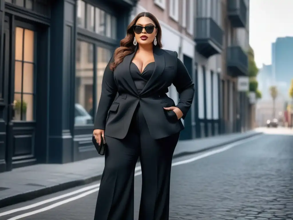 Moda plussize: empoderamiento y estilo en negro Una mujer segura y elegante en un outfit negro chic en la ciudad