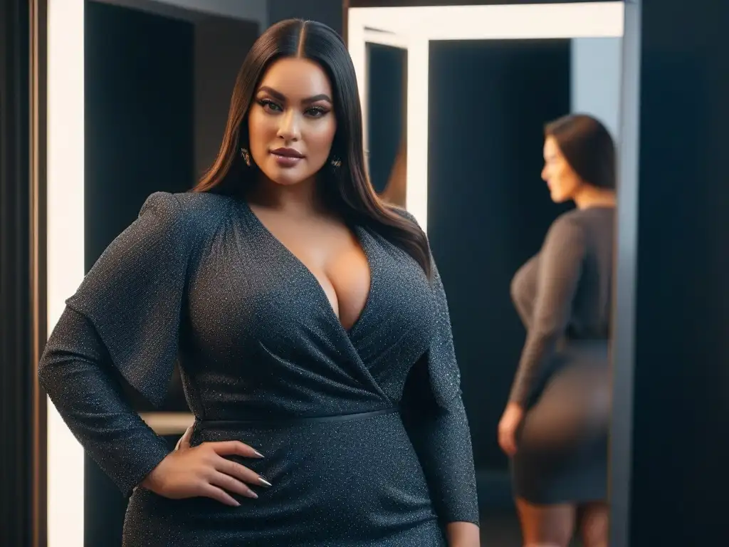 Plussize elegante admirando su reflejo en vestido moderno Una mujer plus size segura de sí misma en un elegante vestido moderno, admirando su reflejo en un espejo en un vestidor chic y glamuroso