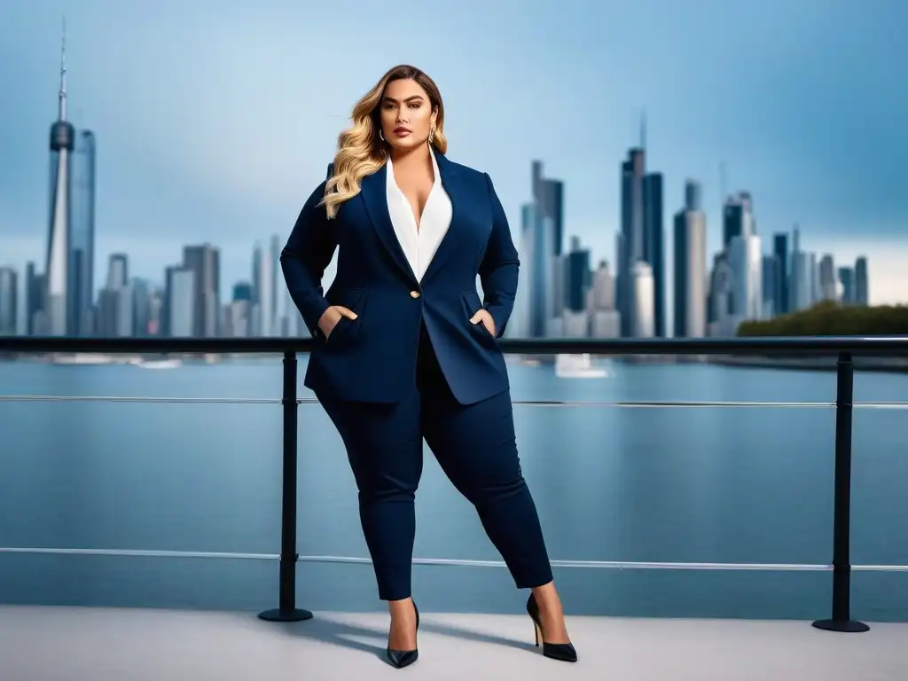 Empoderamiento y elegancia: mujer plussize en blazer navy Una mujer plus size segura viste un blazer chic, resaltando su estilo sofisticado