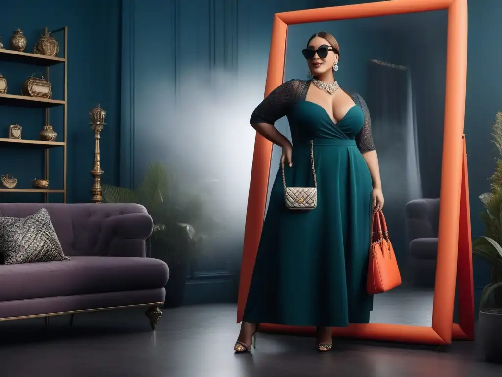 Estilo Plus Size: Confianza y Moda en Boutique Trendy Una mujer plus size segura y estilosa en una boutique de moda, combinando accesorios y luciendo radiante