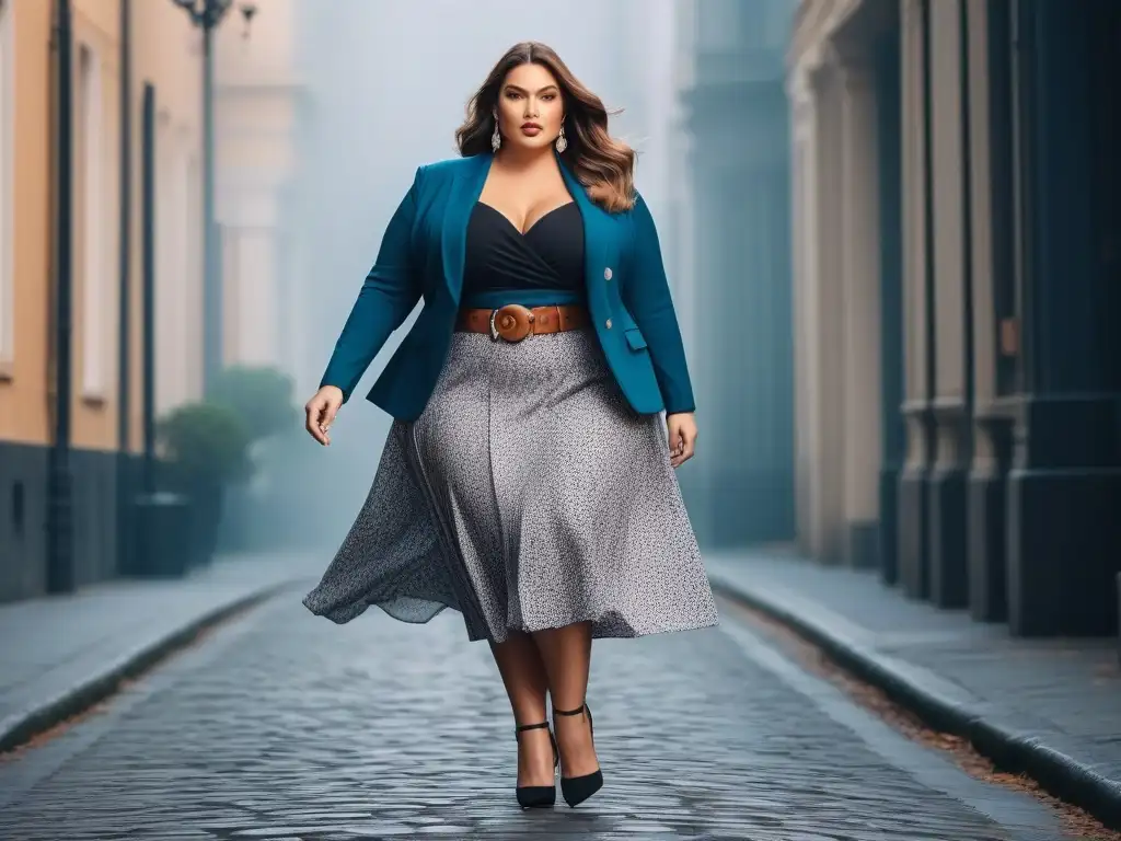 Outfit plus size elegante y empoderado con midi skirt y blazer Una mujer plus size segura de sí misma combinando una falda midi fluida con un blazer estructurado, destacando empoderamiento y moda inclusiva