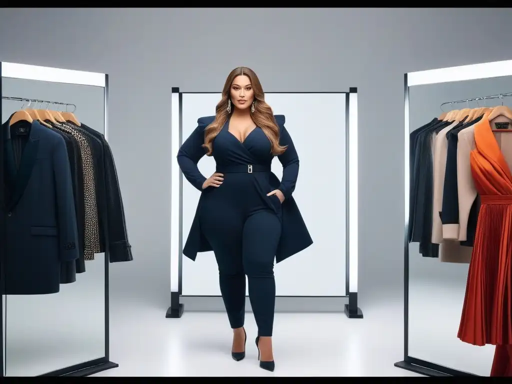 Plussize: Outfit perfecto, autoconfianza total Mujer plus size segura de sí misma frente al espejo, vistiendo un atuendo favorecedor