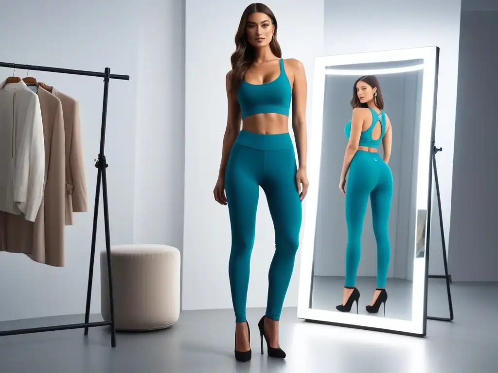 Leggings perfectamente ajustados en mujer petite frente al espejo Una mujer petite segura viste leggings para Petite ajuste perfecto, reflejándose en un espejo de cuerpo entero en un vestidor moderno y luminoso