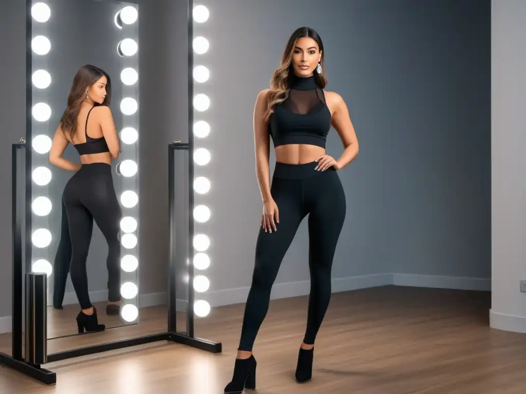 Leggings negros: la elección perfecta para mujeres petite Una mujer petite luce segura con Leggings para Petite ajuste perfecto en un elegante probador iluminado, rodeada de opciones de leggings