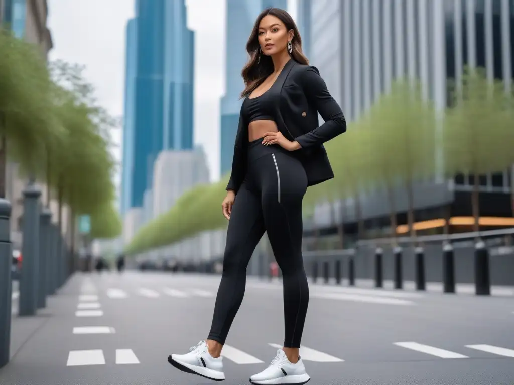 Leggings negros: estilo y comodidad para mujeres petite en la ciudad Una mujer petite segura camina con leggings negros perfectos y blazer elegante en la ciudad