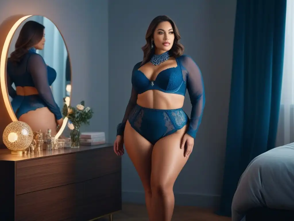 Mujer plus size segura en lencería perfecta frente al espejo Una mujer plus size segura, ajustando lencería en un espejo, en un dormitorio moderno con revistas de moda