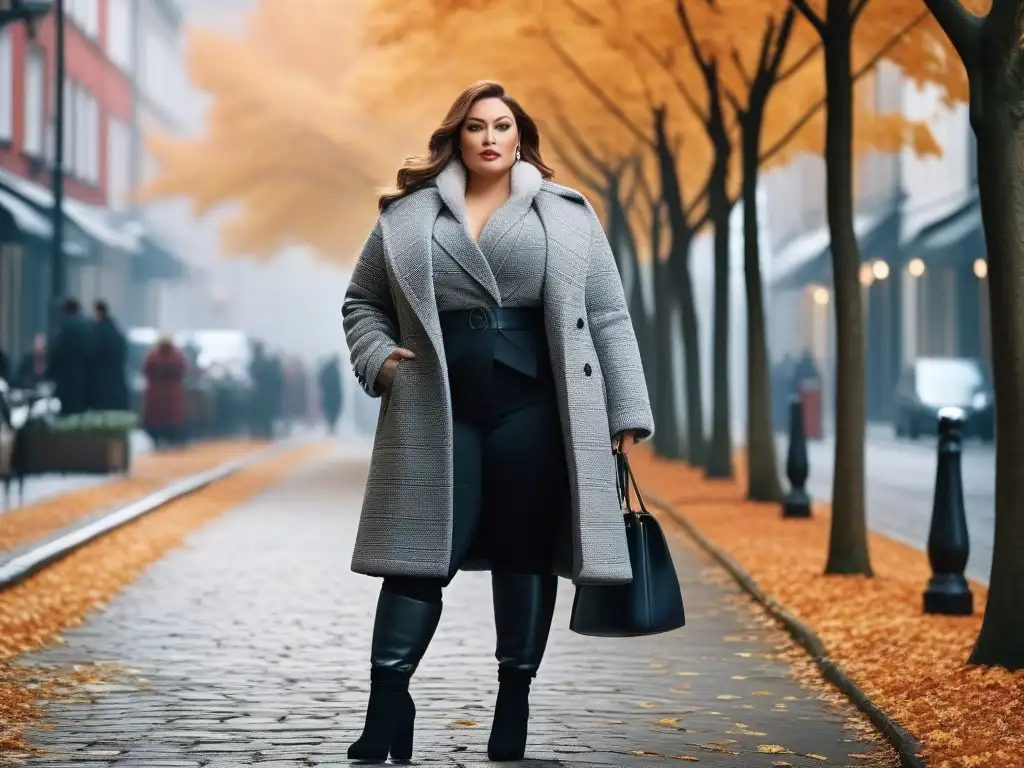 Estilo invernal: mujer plus size segura y chic en la ciudad Una mujer plus size segura, vistiendo un look de invierno impactante, camina con estilo por la ciudad