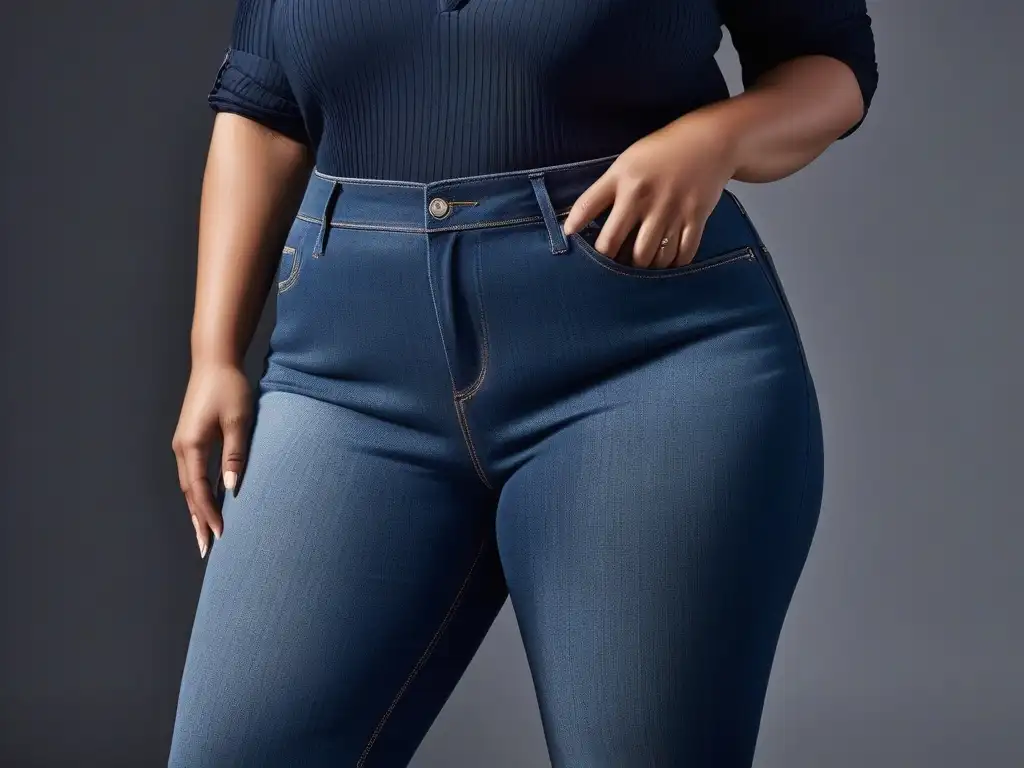Jeans de tallas grandes: detalle y estilo empoderador Una mujer segura luce los mejores jeans plus size ajustados en un ambiente chic y moderno, resaltando estilo y empoderamiento