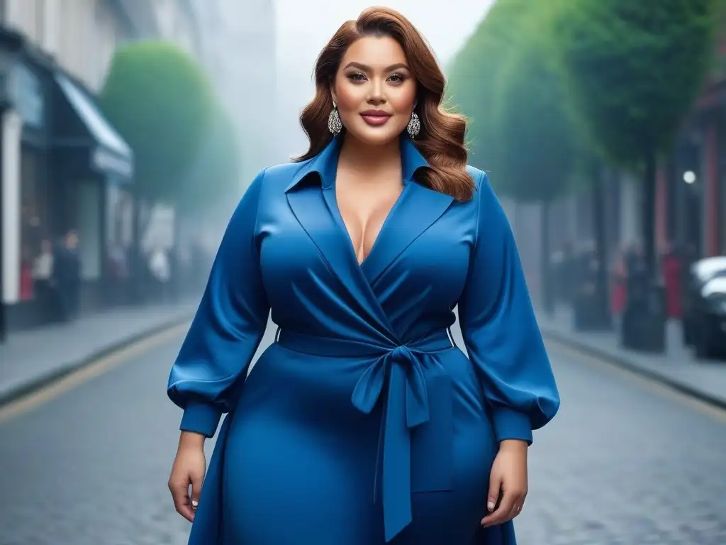 Empoderamiento en moda plus-size: mujer segura y estilosa en 8k Una mujer plus size segura de sí misma, vistiendo moda trendy y radiante autoestima en entorno urbano chic