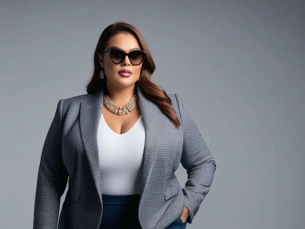 Mujer plus size segura con estilo profesional y moderno Una mujer plus size segura y moderna combinando accesorios con estilo, blazer elegante y gafas de moda en fondo neutro