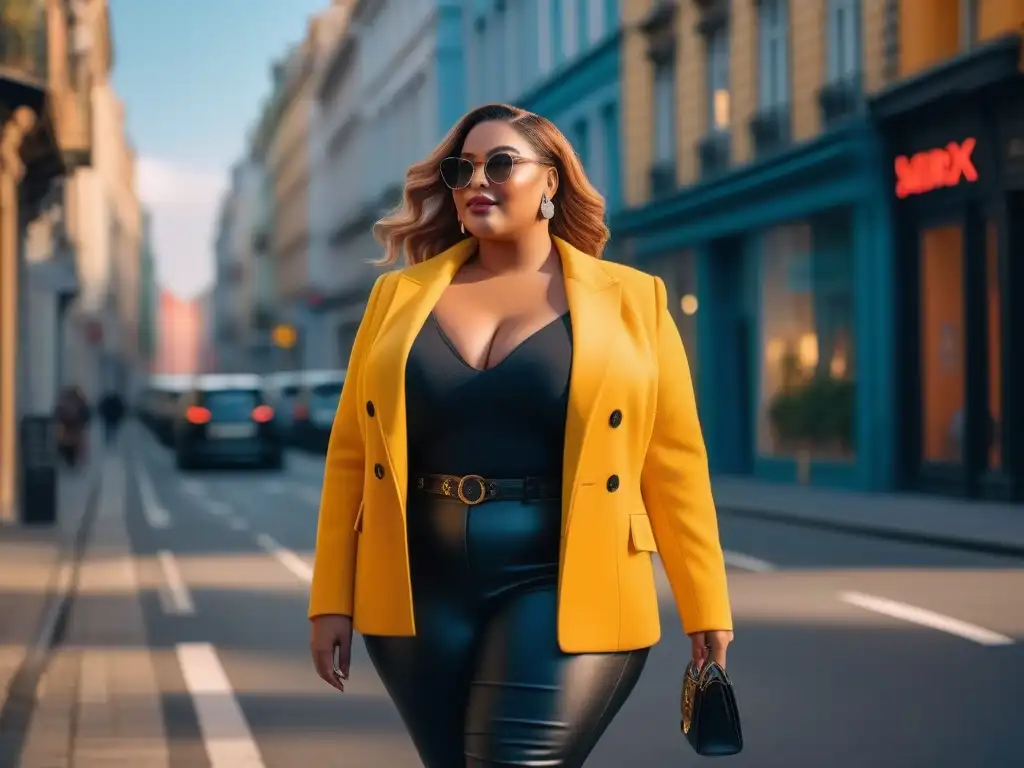 Empoderamiento en la ciudad: mujer plus size confiada y estilosa Una mujer plus size segura y moderna camina por la ciudad, irradiando empoderamiento