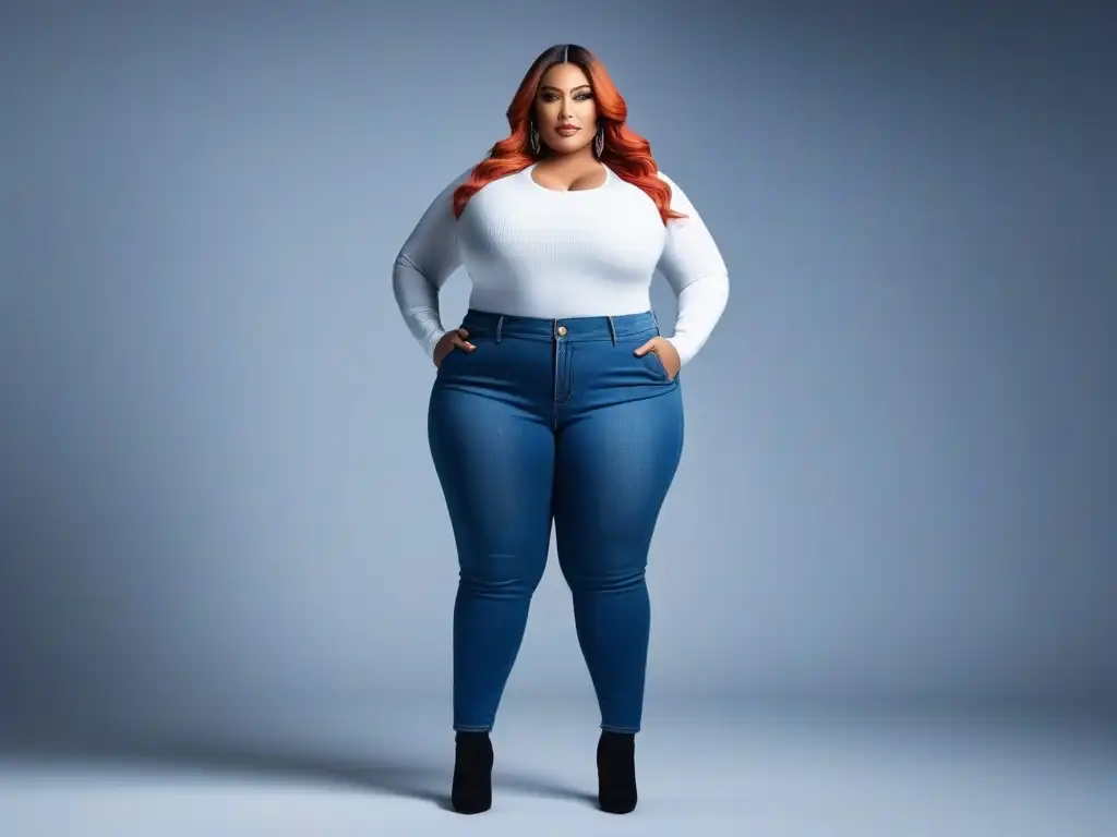 Empoderamiento: Mujer plus size segura y estilosa en jeans ajustados Una mujer segura y moderna con los mejores jeans para figura plus, irradiando estilo y empoderamiento