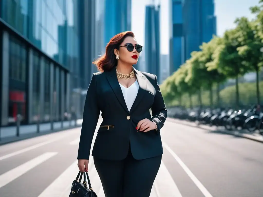 Empoderamiento urbano: mujer plus size segura y sofisticada Una mujer plus size segura, viste blazer negro y pantalones elegantes, collar llamativo y labial rojo, camina por la ciudad