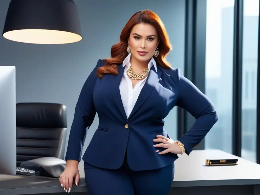 Profesional plus size con estilo en oficina moderna Mujer plus size segura en outfit de oficina chic y elegante