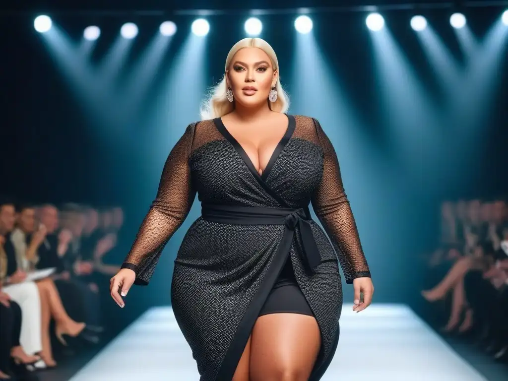 Desfile de moda: mujer plus size segura y empoderada Una mujer plus size segura desfilando en una pasarela con moda elegante, público diverso aplaudiendo, luces brillantes