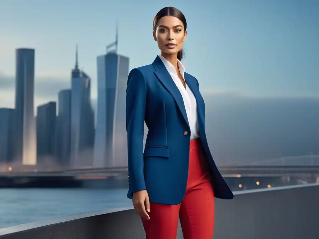 Empoderamiento femenino: mujer confiada en outfit petite frente a la ciudad Una mujer segura y profesional, vistiendo ropa petite para aumentar confianza, frente a una ciudad moderna