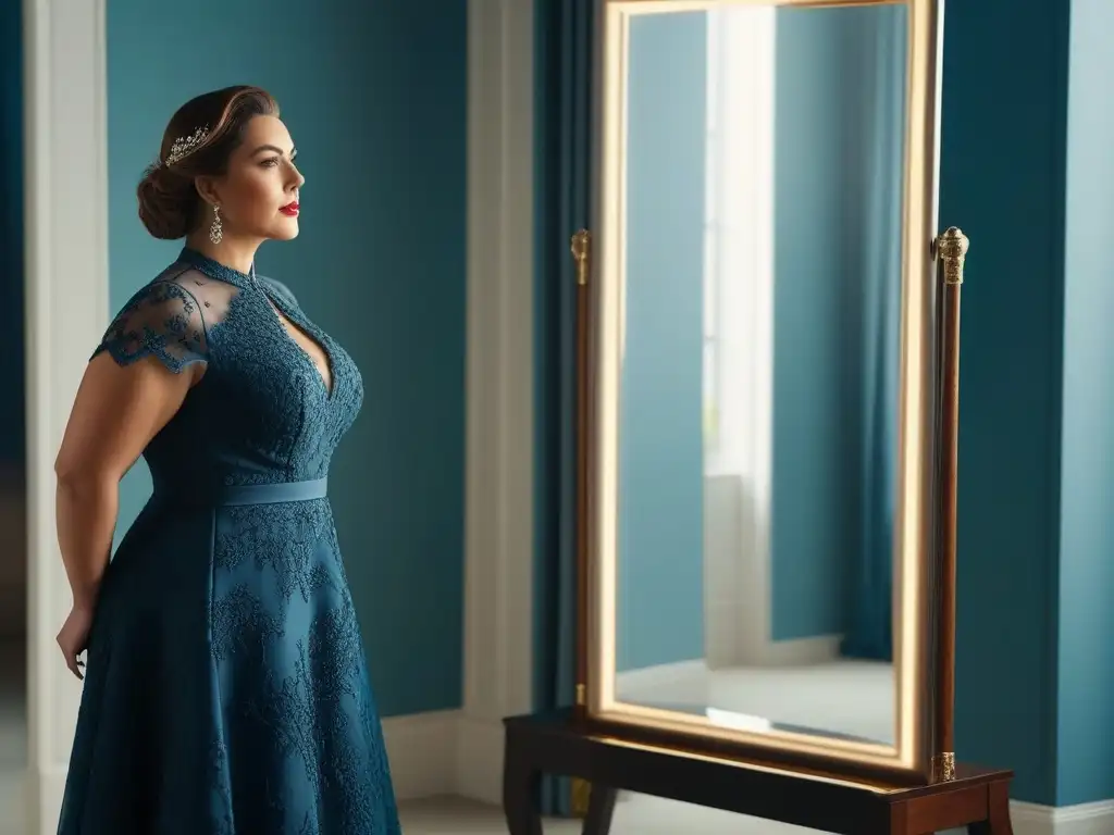 Empoderamiento y autoaceptación: mujer plussize radiante en espejo Una mujer plus size segura y radiante frente al espejo, luciendo un Vestido plus size perfecto, irradiando empoderamiento y autoestima