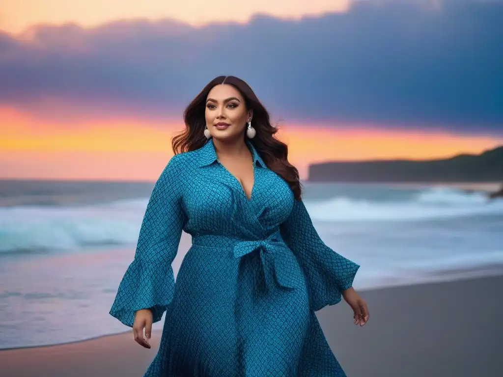 Mujer empoderada en la playa al atardecer Una mujer plus size segura y radiante en la playa al atardecer, vistiendo moda verano 2022