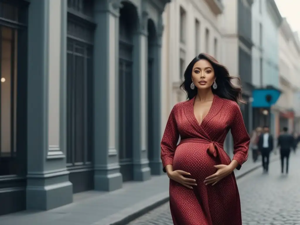 Moda maternidad para mujeres petite: elegancia urbana Una mujer petite segura viste Ropa maternal para petite mujeres, caminando por una calle urbana moderna y vibrante