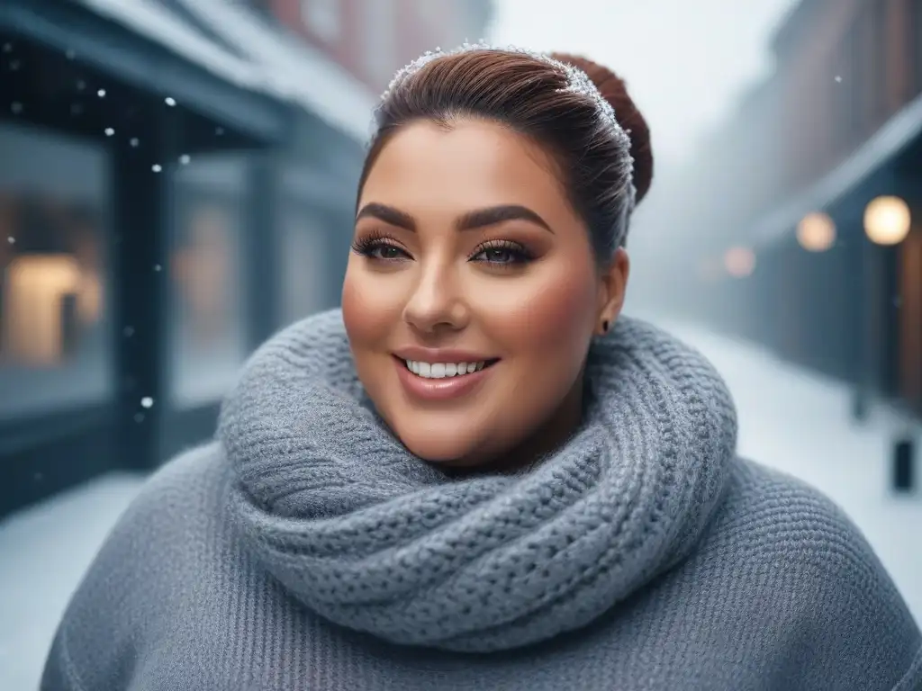 Mujer plus size segura y elegante en invierno Una mujer segura y sonriente en suéter plus size, abrigada en un ambiente invernal acogedor y moderno