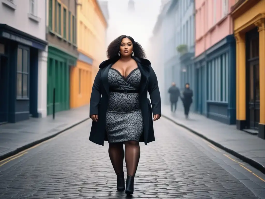 Mujer plus size con estilo propio caminando en la ciudad Una mujer segura de talla grande camina en la ciudad, mostrando su estilo personal moda tallas grandes