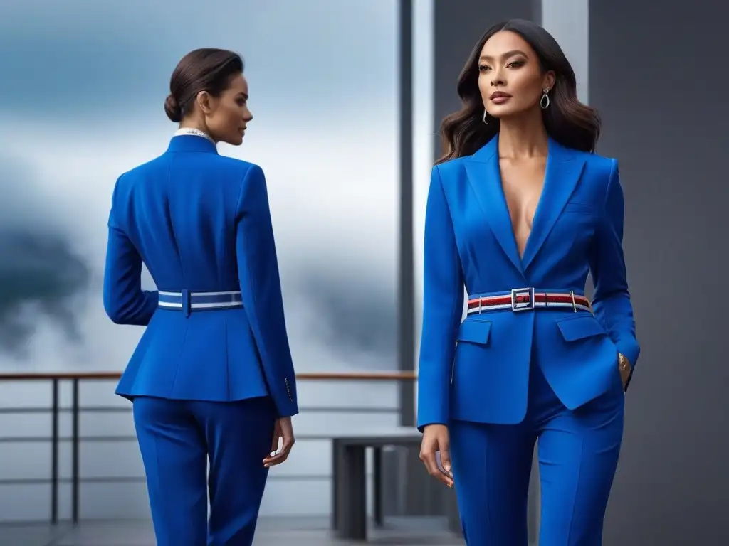 Elegante mujer en traje entallado azul cobalto Una mujer petite segura, viste traje azul cobalto con rayas finas, cinturón llamativo y tacones puntiagudos