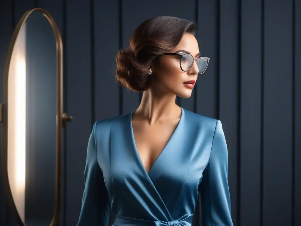 Elegante mujer ajustando cinturón en espejo de cuerpo entero Una mujer segura en un vestido bien ajustado frente al espejo en un elegante vestidor