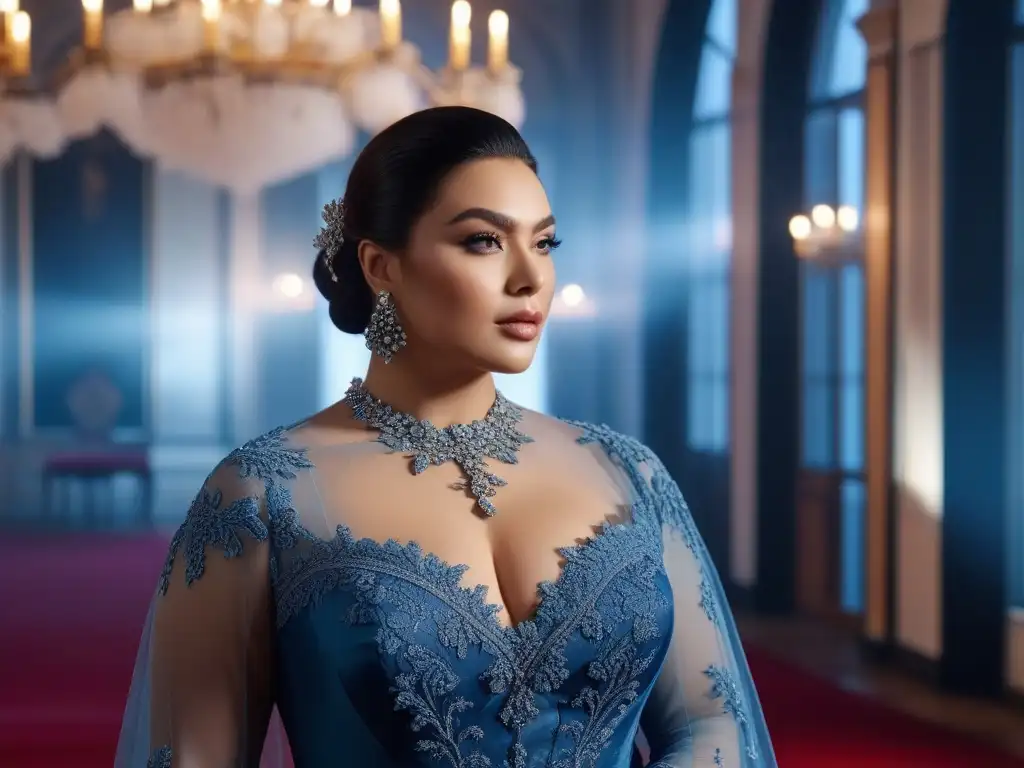 Deslumbrante mujer plussize en elegante vestido de noche frente a lujoso escenario de bodas Una mujer plus size segura en un vestido de fiesta elegante frente a un lujoso lugar de bodas