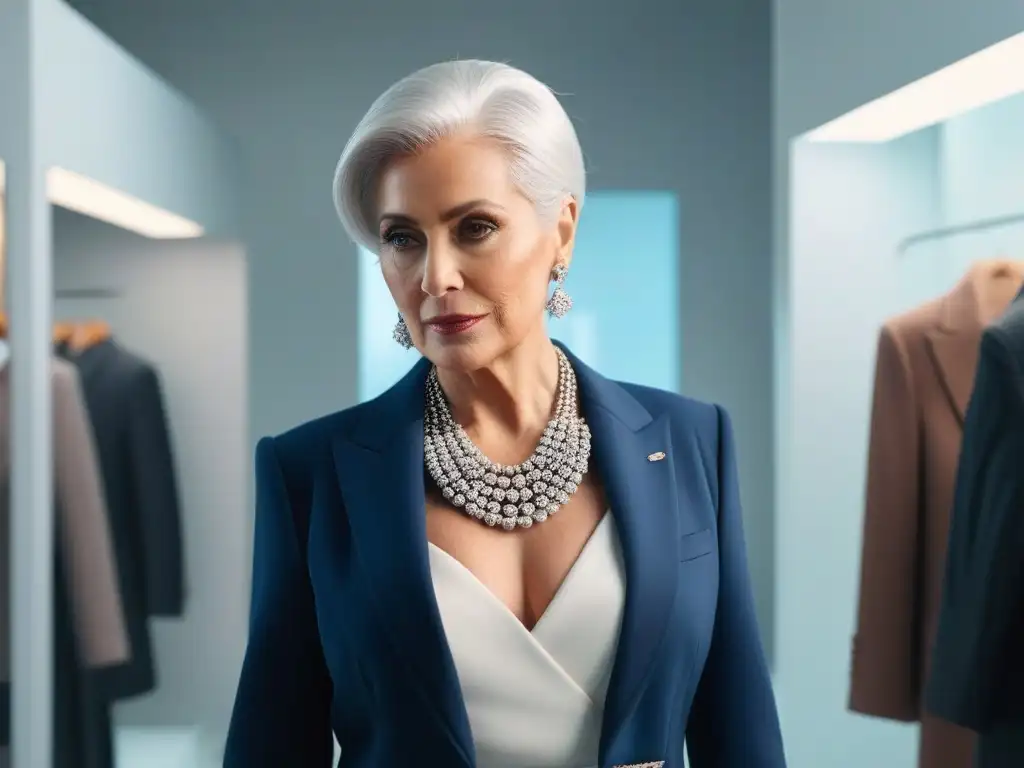 Empoderamiento senior: estilosa mujer ajusta collar en boutique de moda Una mujer senior elegante ajustando su collar frente al espejo en una boutique de moda