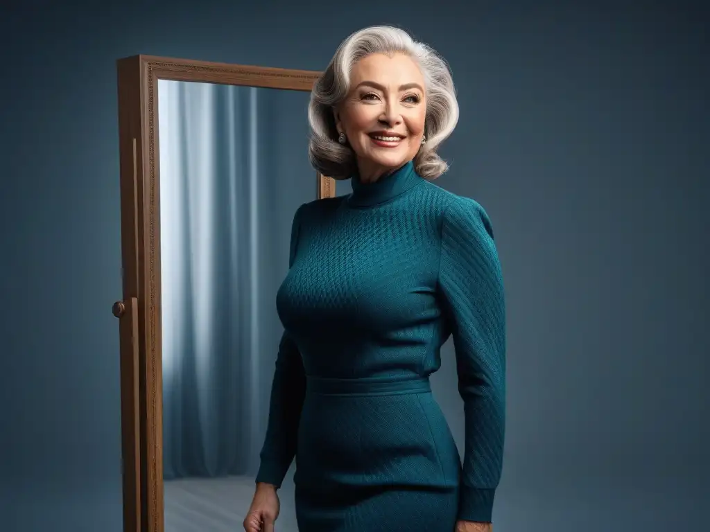 Estilo y confianza: mujer senior elegante frente al espejo Una mujer senior elegante y segura de sí misma, mostrando un atuendo que realza su cuerpo en un vestidor minimalista