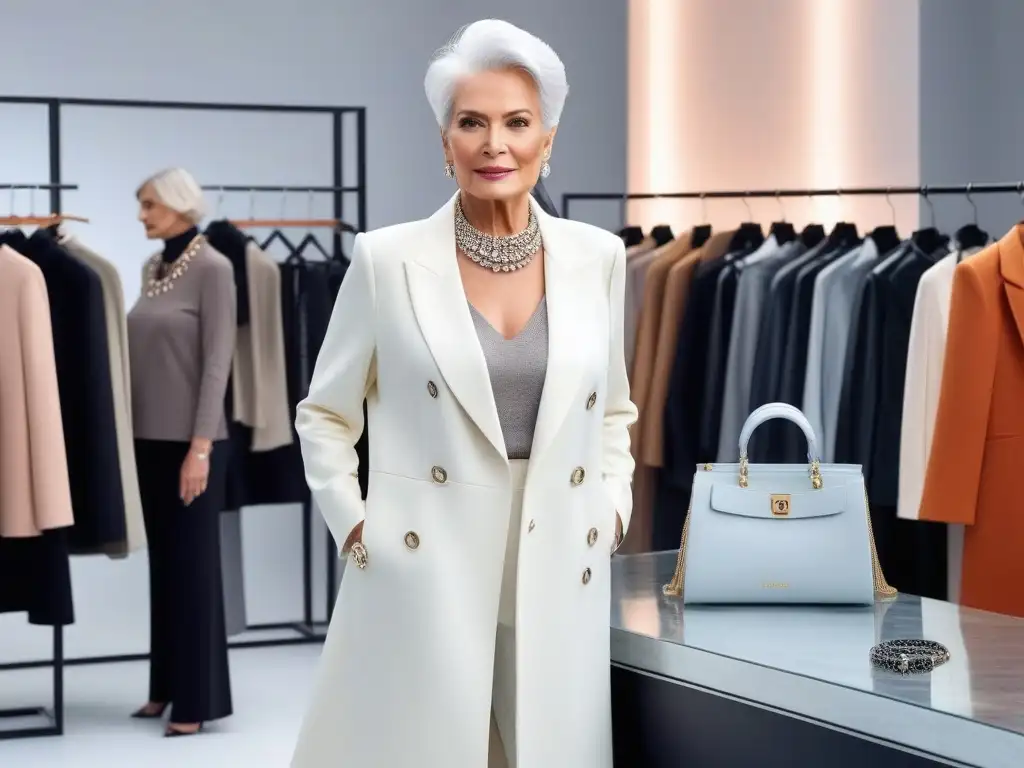 Estilo sofisticado para seniors: moda inclusiva y empoderamiento Una mujer senior elegante y segura, vistiendo ropa chic en un entorno de boutique moderno