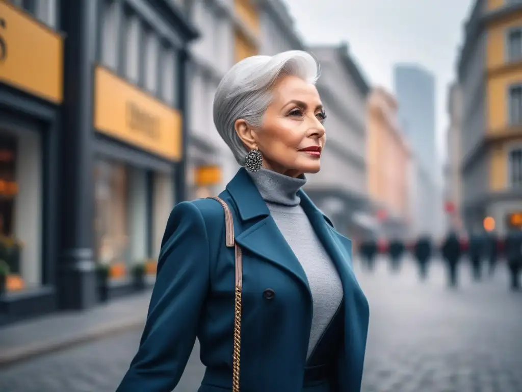 Sofisticada mujer mayor paseando con estilo en la ciudad Una mujer senior sofisticada paseando por la ciudad, reflejando estilo y elegancia