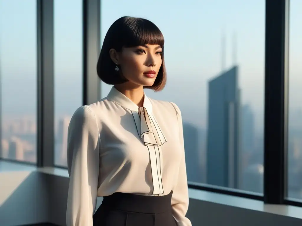 Elegancia en la oficina: Blusa sofisticada para mujeres pequeñas Una mujer sofisticada en un elegante atuendo de blusa petite con detalles sutiles, en un entorno de oficina moderno con vista a la ciudad al atardecer