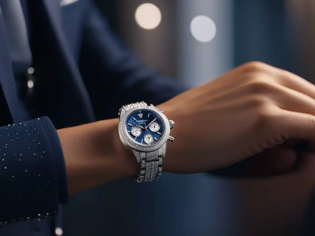 Esplendor de joyas: mujer sofisticada con reloj y diamantes Una mujer sofisticada luce un elegante reloj y joyería de alta gama