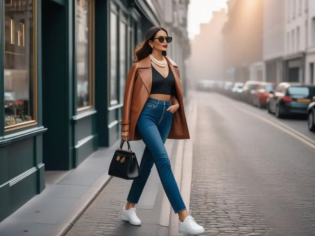 Estilo vintage y moderno: mujer elegante en la ciudad Una mujer sofisticada con un look único con accesorios vintage, paseando con estilo por la ciudad