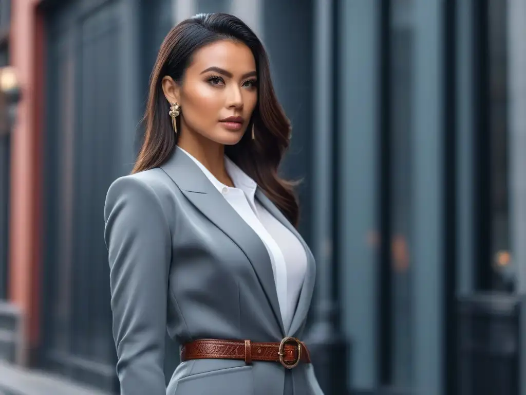 Empoderada y elegante: mujer petite en traje de blazer y pantalón Una mujer sofisticada y segura, resaltando su silueta petite con un atuendo elegante y accesorios refinados en un entorno urbano minimalista