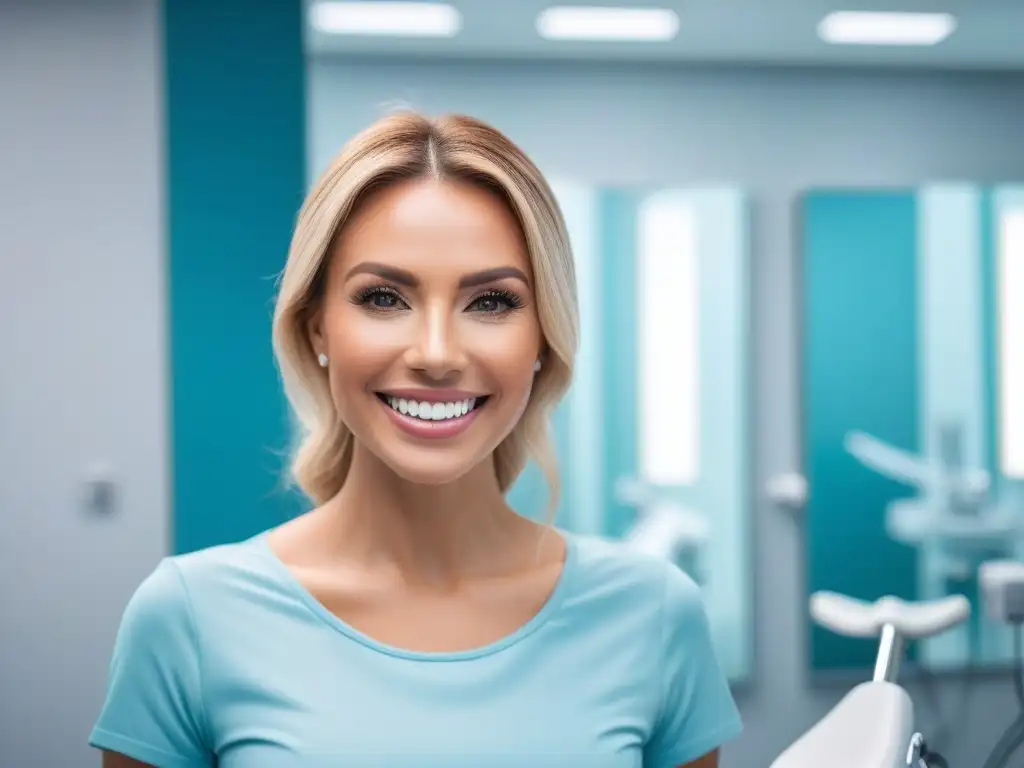 Sonrisa radiante en clínica dental moderna Mujer sonriente frente al espejo en clínica dental moderna