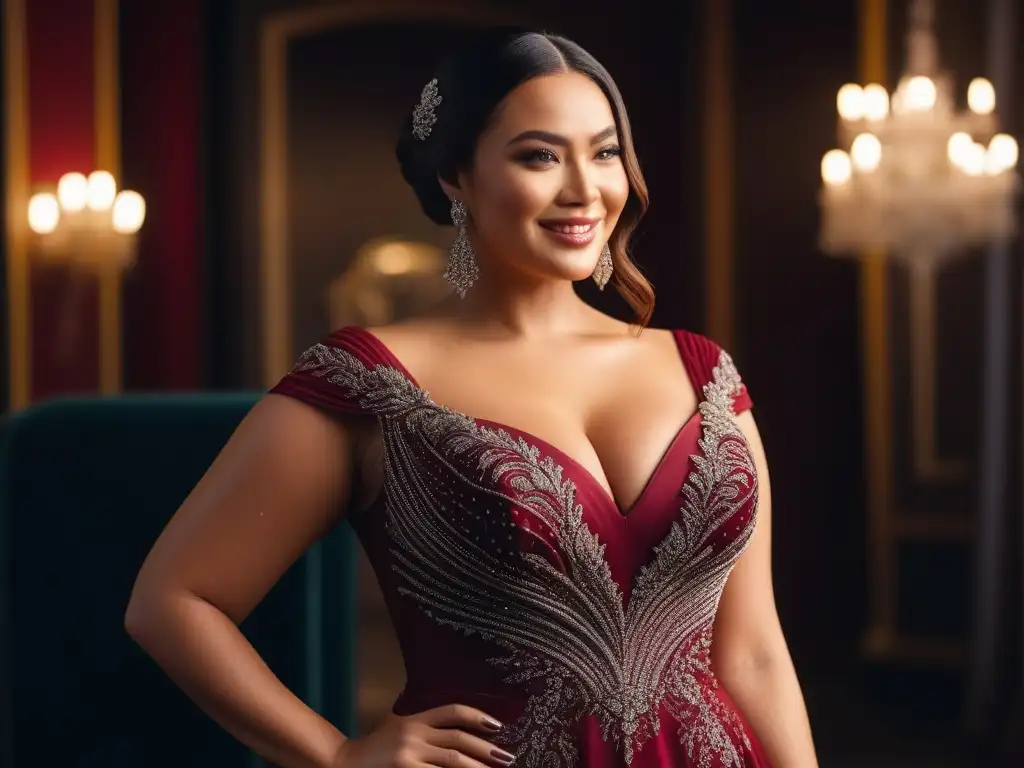 Mujer segura en vestido de noche plus size burdeos, elegancia y glamour Una mujer con una sonrisa segura, luciendo un impresionante vestido de noche plus size que realza sus curvas a la perfección