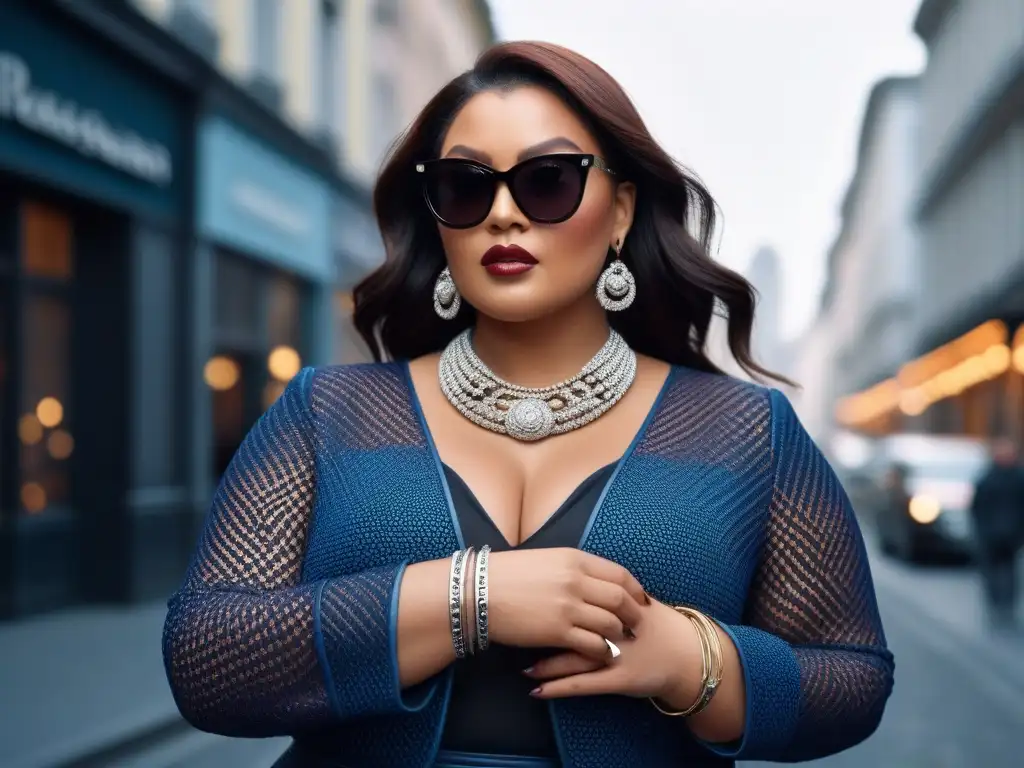 Empoderamiento con accesorios de moda para tallas grandes Una mujer de talla grande muestra accesorios moda personalizados con confianza, en un entorno urbano sofisticado