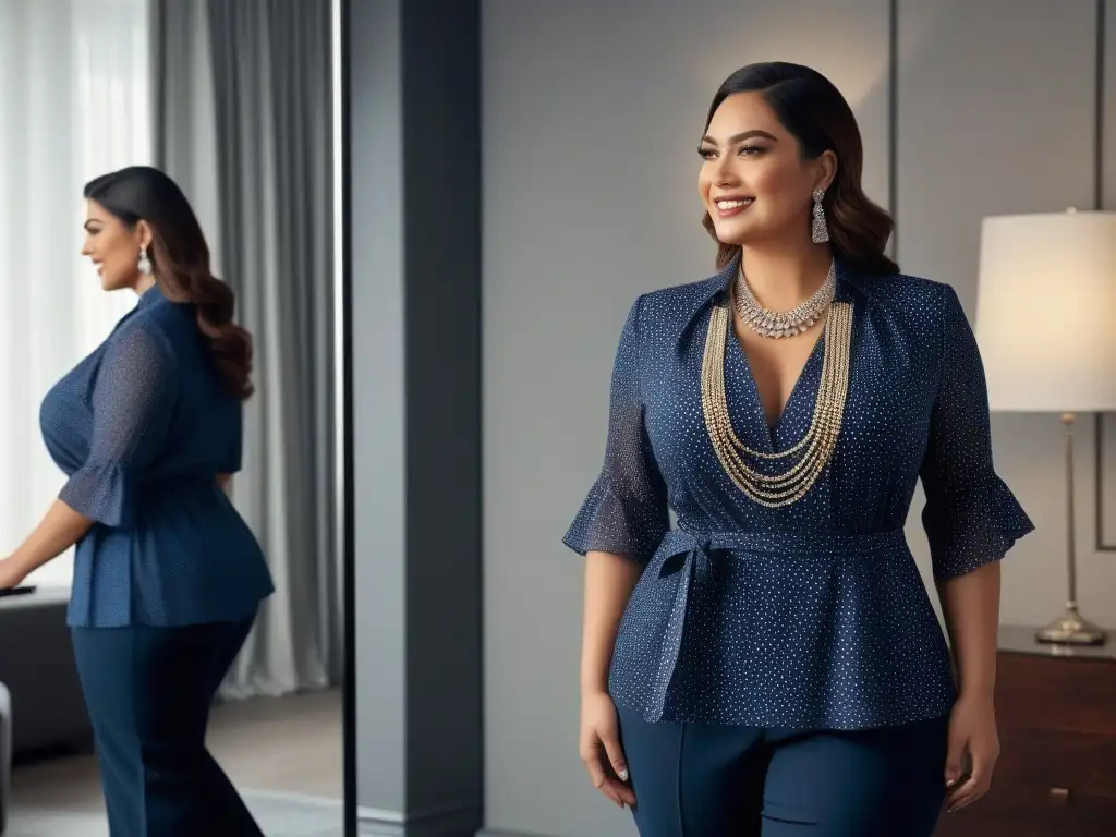 Estilo y confianza: moda elegante para mujer plus size Una mujer de talla grande ajusta su collar frente al espejo con una sonrisa satisfecha