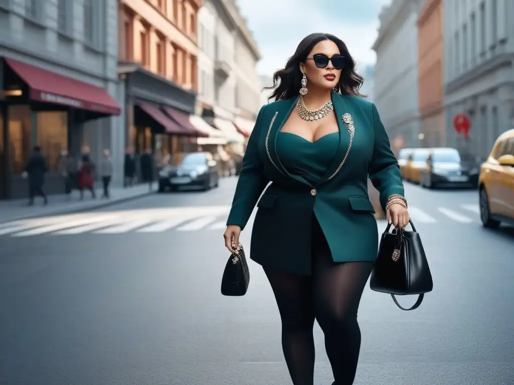 Estilo plus size: mujer segura con accesorios de moda en la ciudad Una mujer de talla grande camina con confianza por una calle de la ciudad, luciendo accesorios de moda personalizados