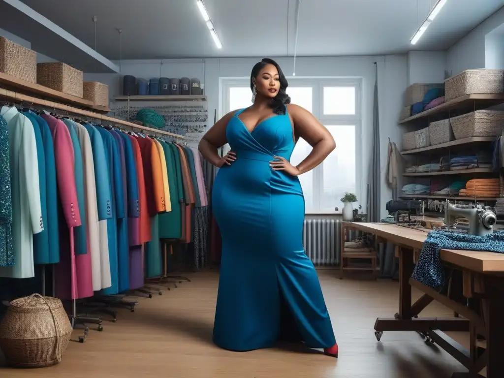 Moda plussize: empoderamiento y estilo en el taller de costura Una mujer de talla grande modela con confianza una prenda a medida en un taller de costura inclusivo y empoderador