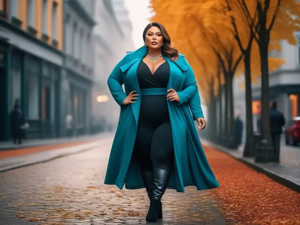 Estilo plussize urbano: mujer elegante en otoño Una mujer de talla grande viste con elegancia en capas, mostrando confianza en un entorno urbano con hojas otoñales