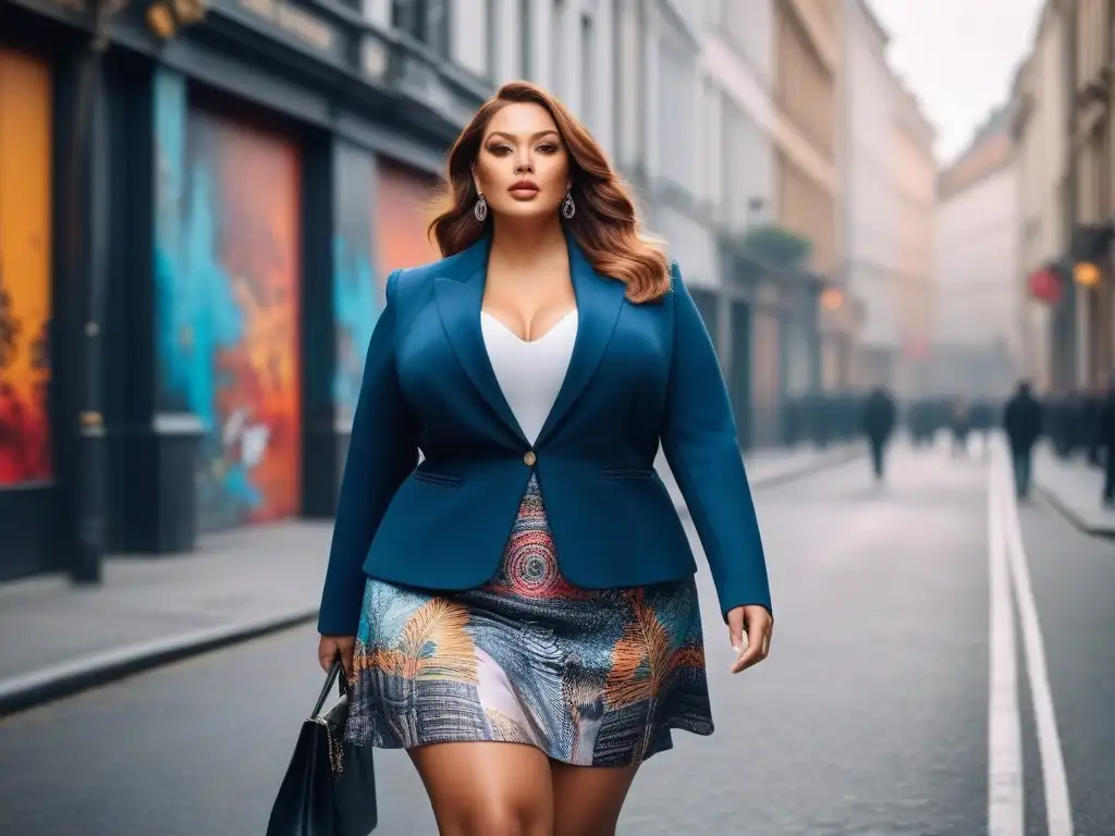 Mujer de talla grande empoderada paseando con estilo por la ciudad Una mujer de talla grande, elegante y segura, camina por la ciudad luciendo prendas esenciales armario estilo plus