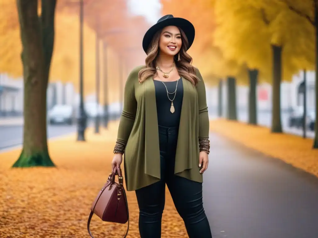 Estilo otoñal: Moda plus size con confianza y color Una mujer de talla grande con estilo, viste capas en tonos otoñales en una calle urbana