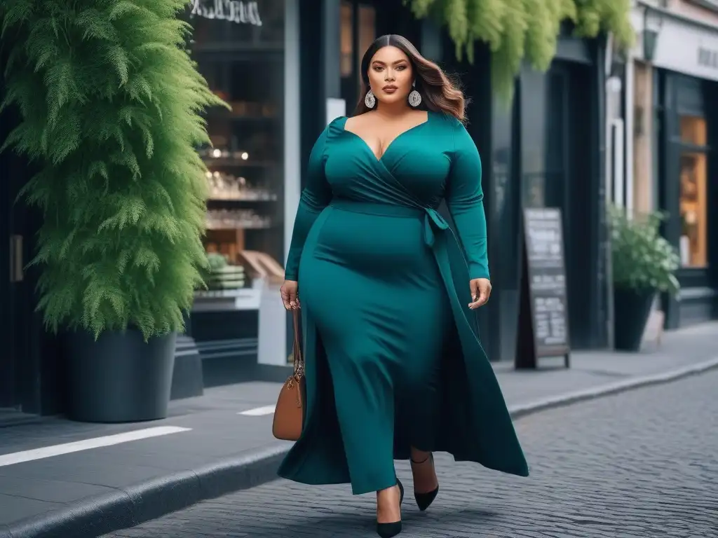 Mujer plussize empoderada en moda sostenible urbana Una mujer de talla grande con estilo en moda sostenible, pasea por una ciudad ecofriendly