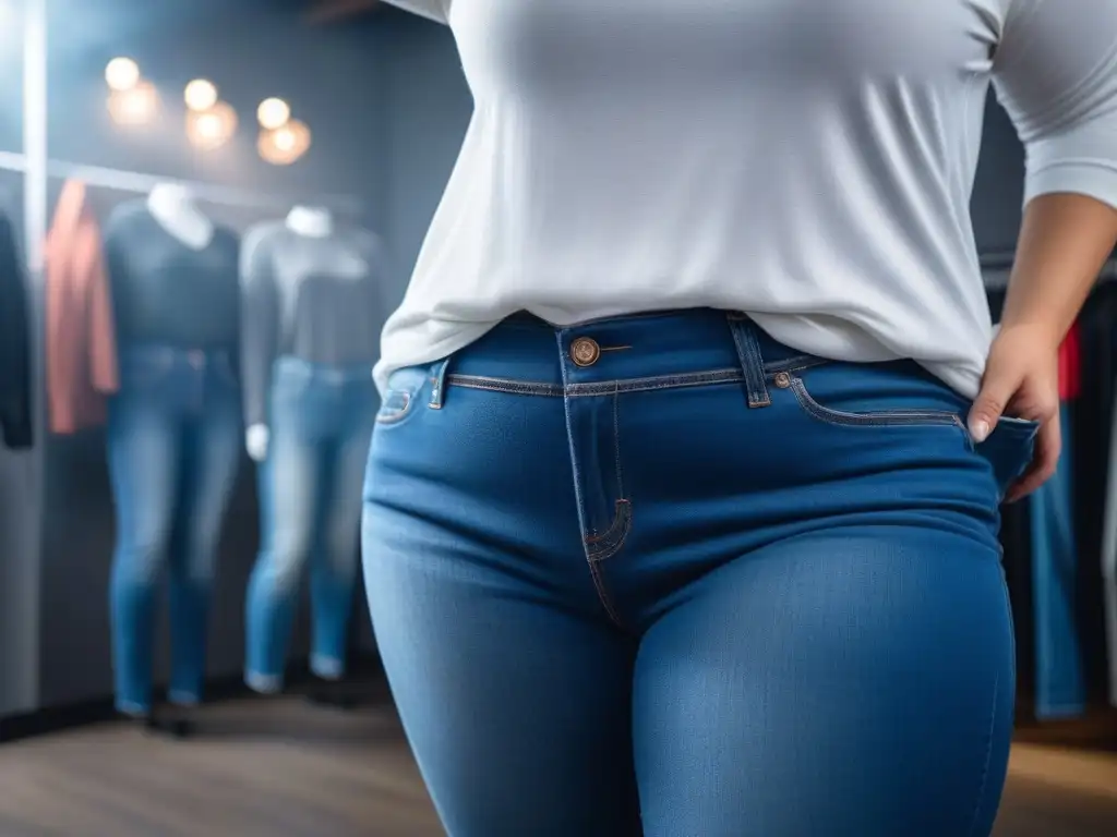 Empoderamiento: mujer plus size probando jeans con amigos Una mujer de talla grande prueba jeans en una boutique con amigas apoyándola, mostrando una experiencia positiva de compra