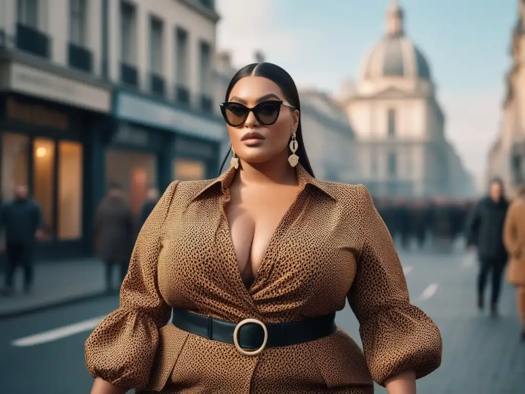 Moda plus size empoderada en la ciudad Una mujer de talla grande segura y a la moda pasea por la ciudad, irradiando autoestima y aceptación