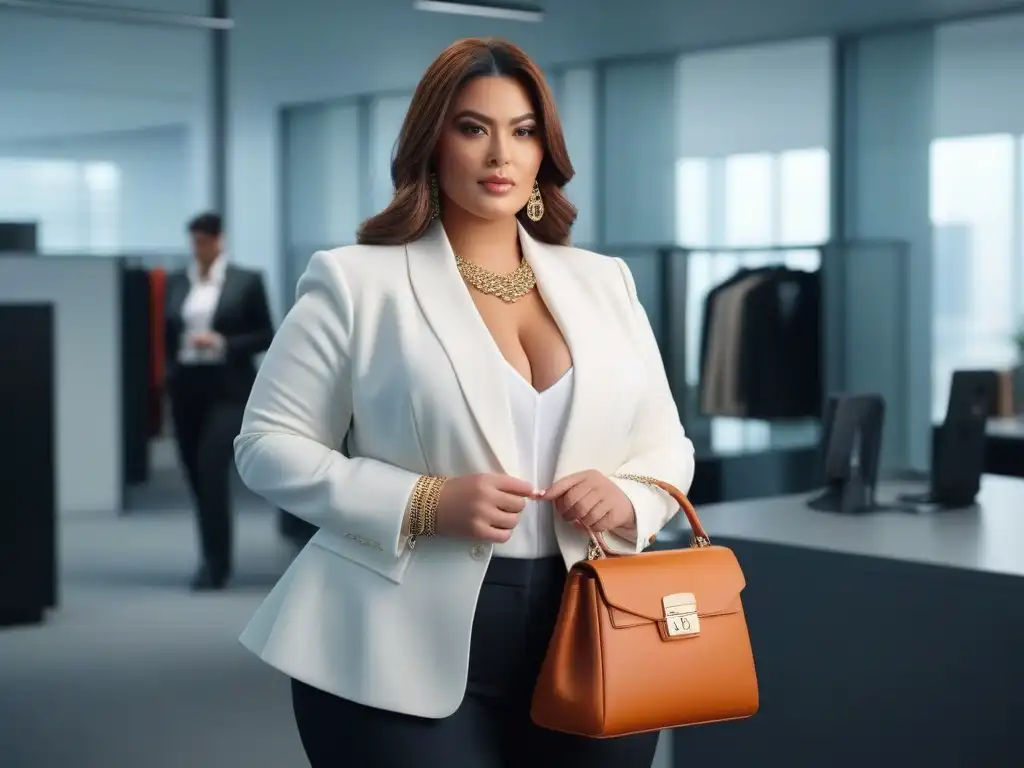 Imagen profesional: mujer plus size segura en oficina moderna Una mujer de talla grande segura de sí misma en un elegante conjunto de oficina en un entorno moderno